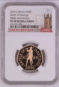 2016 GOLD 50P BATTLE OF HASTINGS 950TH ANNIVERSARY PF 70 ULTRA CAMEO - NGC GOLD 50P - Cambridgeshire Coins