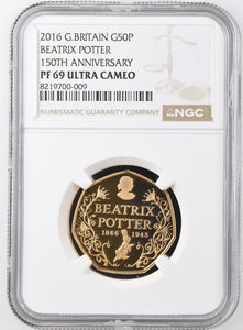 2016 GOLD PROOF 50P BEATRIX POTTER 150TH ANNIVERSARY PF 69 ULTRA CAMEO - NGC GOLD 50P - Cambridgeshire Coins