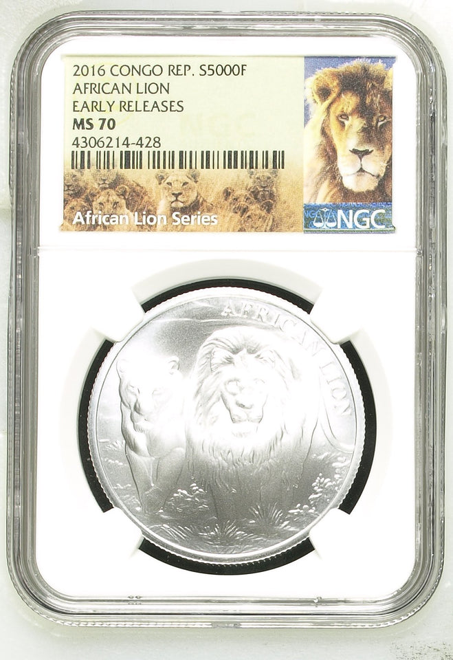 2016 SILVER AFRICAN LION 5000 FRANCS EARLY RELEASE CONGO NGC MS 70 - NGC SILVER COINS - Cambridgeshire Coins
