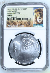 2016 SILVER AFRICAN LION 5000 FRANCS EARLY RELEASE CONGO NGC MS 70 - NGC SILVER COINS - Cambridgeshire Coins