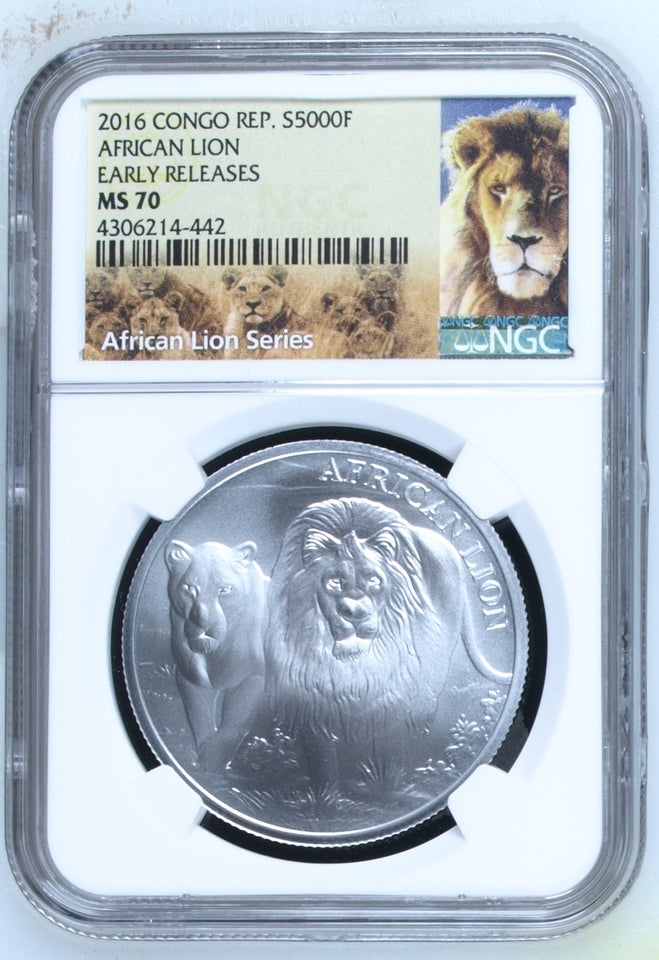2016 SILVER AFRICAN LION 5000 FRANCS EARLY RELEASE CONGO NGC MS 70 - NGC SILVER COINS - Cambridgeshire Coins