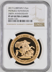2017 GOLD PROOF £5 SOVEREIGN ( NGC ) PF 69 ULTRA CAMEO 200TH ANNIVERSARY PISTRUCCI SOVEREIGN - NGC GOLD COINS - Cambridgeshire Coins