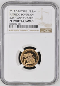 2017 GOLD PROOF PISTRUCCI HALF SOVEREIGN 200TH ANNIVERSARY (NGC) PF 69 ULTRA CAMEO - NGC GOLD COINS - Cambridgeshire Coins