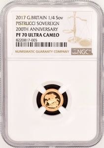 2017 GOLD PROOF PISTRUCCI QUARTER SOVEREIGN 200TH ANNIVERSARY (NGC) PF 70 ULTRA CAMEO - NGC GOLD COINS - Cambridgeshire Coins