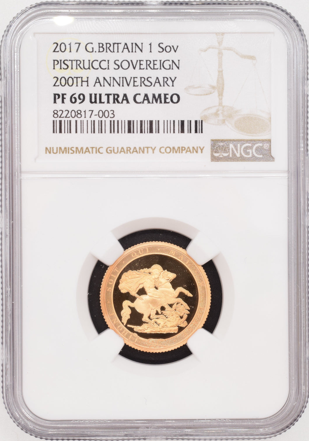 2017 GOLD PROOF PISTRUCCI SOVEREIGN 200TH ANNIVERSARY (NGC) PF 69 ULTRA CAMEO - NGC GOLD COINS - Cambridgeshire Coins