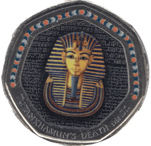2018 50P SHAPED MEDALLION TUTANKHAMUN'S DEATH MASK - 50P SHAPED COIN - Cambridgeshire Coins