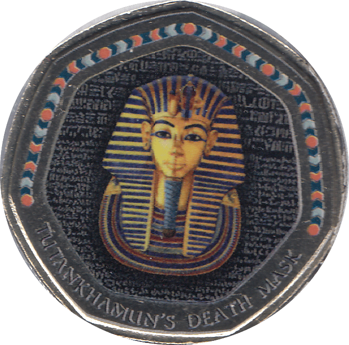 2018 50P SHAPED MEDALLION TUTANKHAMUN'S DEATH MASK - WORLD COINS - Cambridgeshire Coins