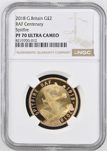 2018 GOLD PROOF £2 RAF CENTENARY SPITFIRE PF70 ULTRA CAMEO - NGC GOLD £2 - Cambridgeshire Coins