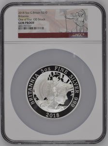 2018 SILVER 5OZ £10 BRITANNIA GREAT BRITAIN ONE OF FIRST 100 STRUCK NGC GEM PROOF - NGC SILVER COINS - Cambridgeshire Coins