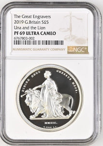 2019 £5 SILVER PROOF TWO OUNCE UNA AND THE LION ( NGC ) PF 69 ULTRA CAMEO - NGC SILVER COINS - Cambridgeshire Coins