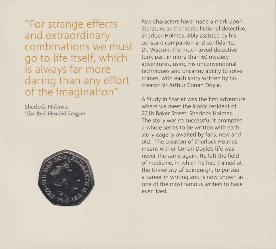 2019 BRILLIANT UNCIRCULATED 50P COIN SHERLOCK HOLMES - 50p BU Pack - Cambridgeshire Coins