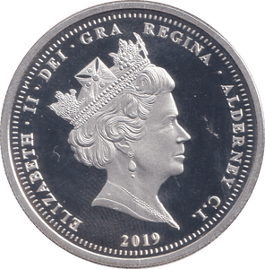 2019 COLOURED SILVER PROOF FIVE POUND THE FIRST MOOND LANDING ALDERNEY - SILVER WORLD COINS - Cambridgeshire Coins