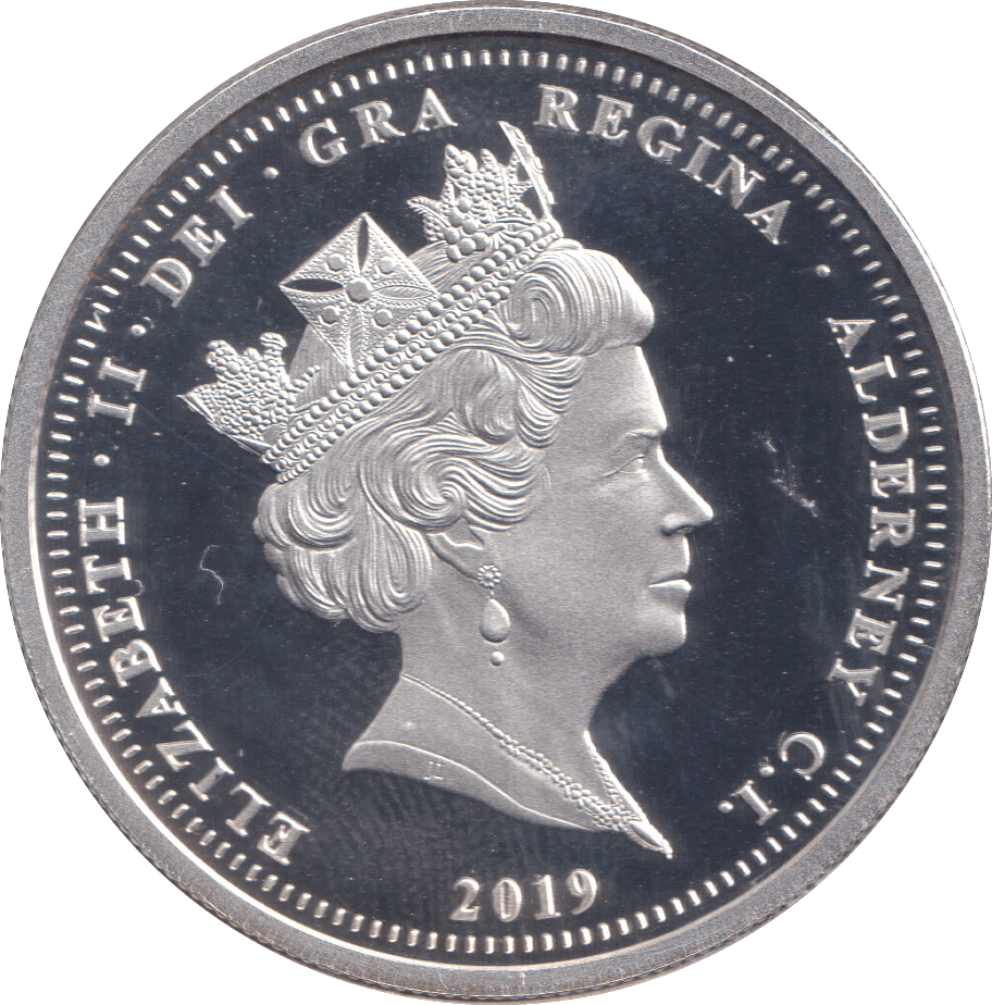 2019 COLOURED SILVER PROOF FIVE POUND THE FIRST MOOND LANDING ALDERNEY - SILVER WORLD COINS - Cambridgeshire Coins