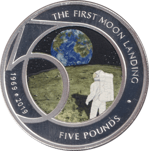 2019 COLOURED SILVER PROOF FIVE POUND THE FIRST MOOND LANDING ALDERNEY - SILVER WORLD COINS - Cambridgeshire Coins