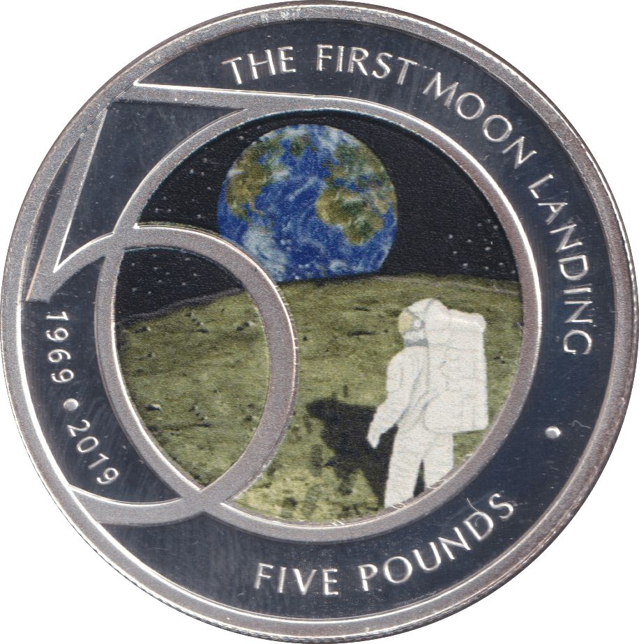 2019 COLOURED SILVER PROOF FIVE POUND THE FIRST MOOND LANDING ALDERNEY - SILVER WORLD COINS - Cambridgeshire Coins