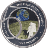 2019 COLOURED SILVER PROOF FIVE POUND THE FIRST MOOND LANDING ALDERNEY - SILVER WORLD COINS - Cambridgeshire Coins