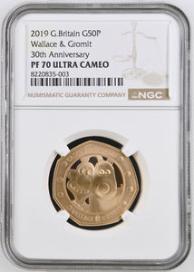 2019 GOLD 50P WALLACE & GROMIT 30TH ANNIVERSARY PF 70 ULTRA CAMEO ( TOP POP ) - NGC GOLD 50P - Cambridgeshire Coins