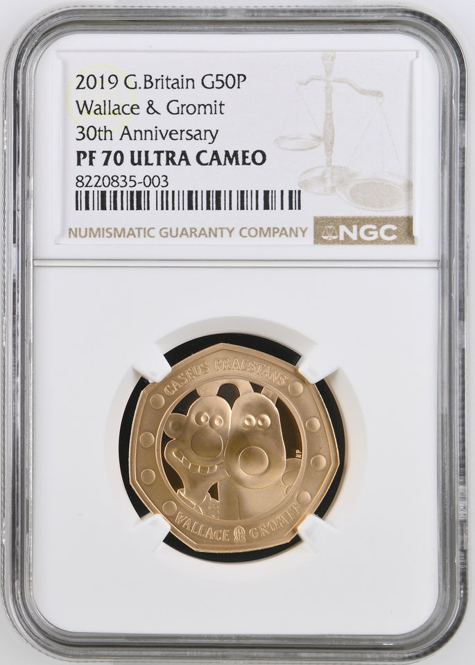 2019 GOLD 50P WALLACE & GROMIT 30TH ANNIVERSARY PF 70 ULTRA CAMEO ( TOP POP ) - NGC GOLD 50P - Cambridgeshire Coins