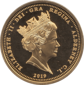 2019 GOLD PLATED PROOF FIVE POUNDS ALDERNEY - WORLD COINS - Cambridgeshire Coins