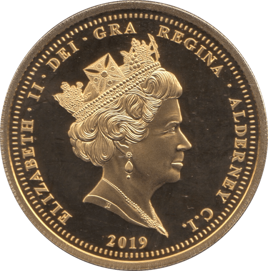2019 GOLD PLATED PROOF FIVE POUNDS ALDERNEY - WORLD COINS - Cambridgeshire Coins