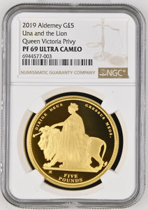 2019 GOLD PROOF ALDERNEY UNA AND LION £5 COIN QUEEN VICTORIA PRIVY MARK (NGC) PF69 ULTRA CAMEO - NGC GOLD COINS - Cambridgeshire Coins