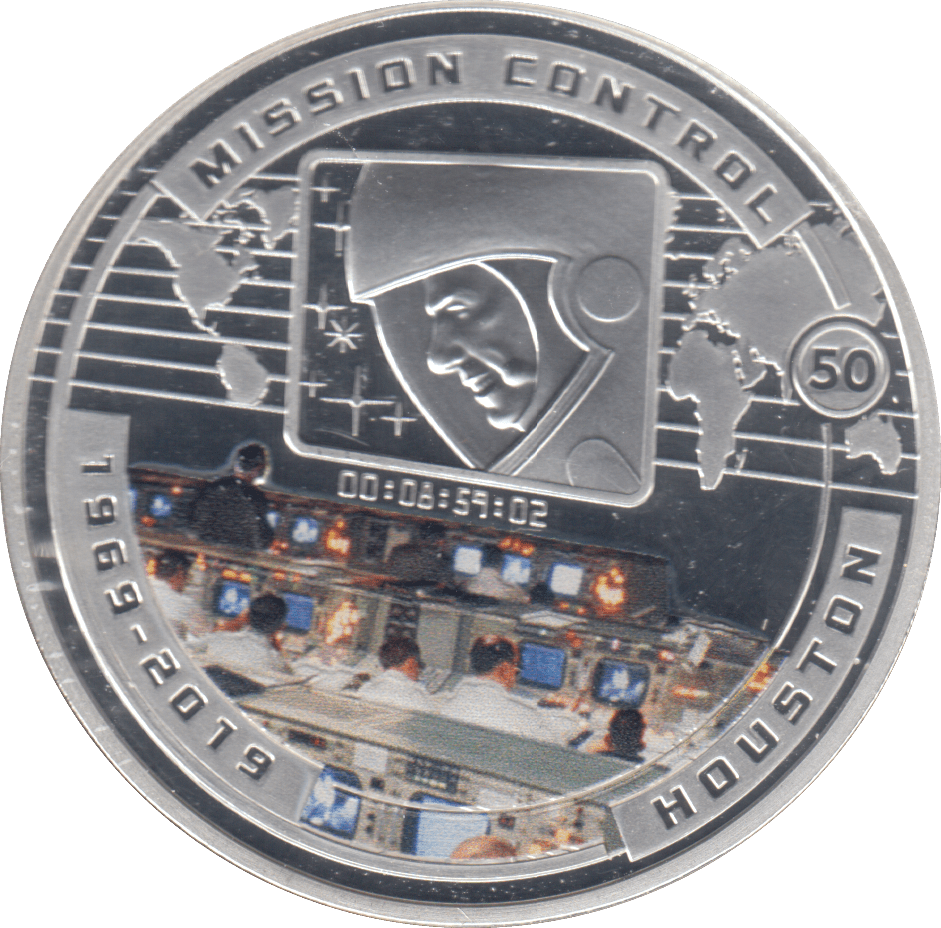 2019 MOON LANDING HALF DOLLAR MISSION CONTROL SILVER PROOF PLATED - WORLD COINS - Cambridgeshire Coins