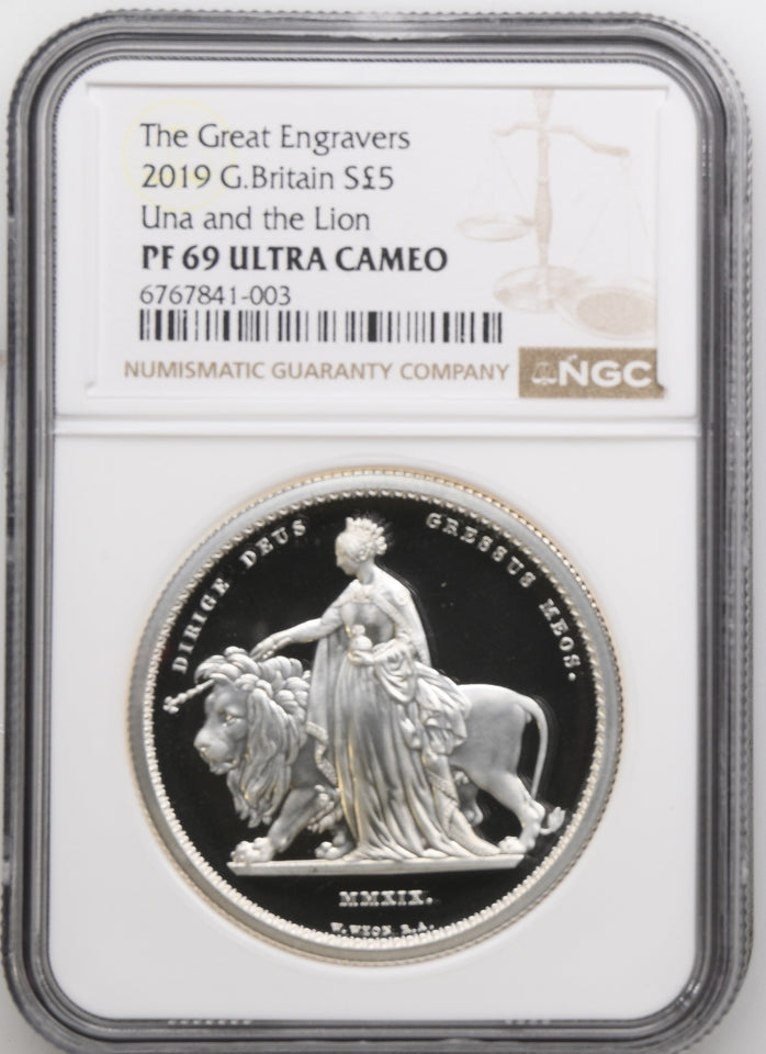 2019 £5 SILVER PROOF TWO OUNCE UNA AND THE LION ( NGC ) PF 69 ULTRA CAMEO - NGC SILVER COINS - Cambridgeshire Coins