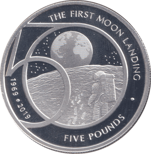 2019 SILVER PROOF FIVE POUND THE FIRST MOOND LANDING ALDERNEY - SILVER WORLD COINS - Cambridgeshire Coins