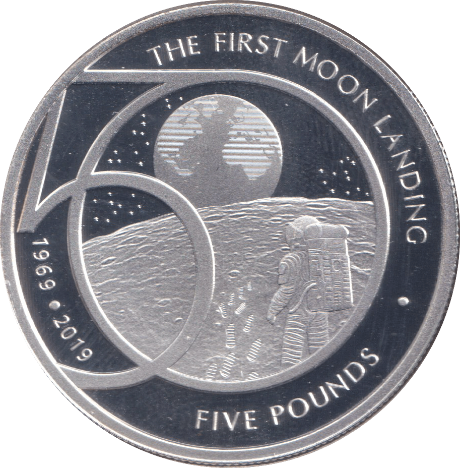 2019 SILVER PROOF FIVE POUND THE FIRST MOOND LANDING ALDERNEY - SILVER WORLD COINS - Cambridgeshire Coins