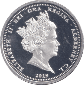 2019 SILVER PROOF FIVE POUND THE FIRST MOOND LANDING ALDERNEY - SILVER WORLD COINS - Cambridgeshire Coins