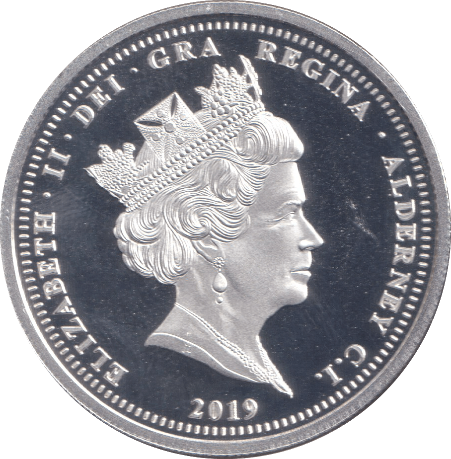 2019 SILVER PROOF FIVE POUND THE FIRST MOOND LANDING ALDERNEY - SILVER WORLD COINS - Cambridgeshire Coins
