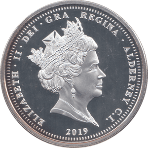 2019 SILVER PROOF FIVE POUNDS ALDERNEY - SILVER WORLD COINS - Cambridgeshire Coins