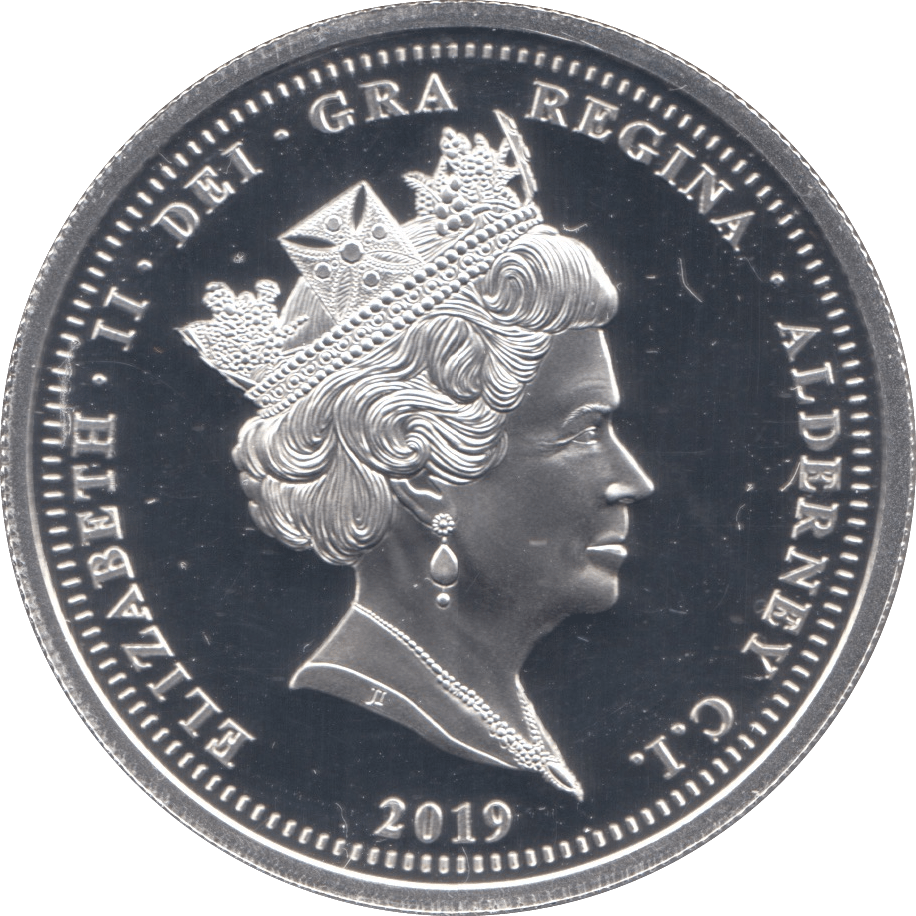 2019 SILVER PROOF FIVE POUNDS ALDERNEY - SILVER WORLD COINS - Cambridgeshire Coins