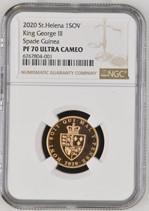 2020 GOLD 1 SOVEREIGN ST.HELENA KING GEORGE III SPADE GUINEA ( NGC ) PF 70 ULTRA CAMEO - NGC GOLD COINS - Cambridgeshire Coins