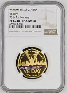 2020 GOLD 50P GIBRALTAR VE DAY 75th ANNIVERSARY ( NGC ) PF 69 ULTRA CAMEO - NGC GOLD COINS - Cambridgeshire Coins