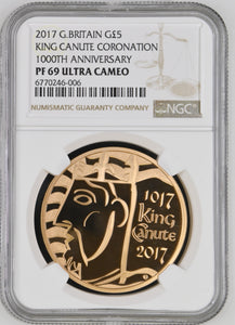 2020 GOLD PROOF £5 SOVEREIGN ( NGC ) PF 69 ULTRA CAMEO 1000TH ANNIVERSARY OF KING CANUTE ( CNUT ) CORONATION VERY SCARCE ONLY 150 MINTED - NGC GOLD COINS - Cambridgeshire Coins