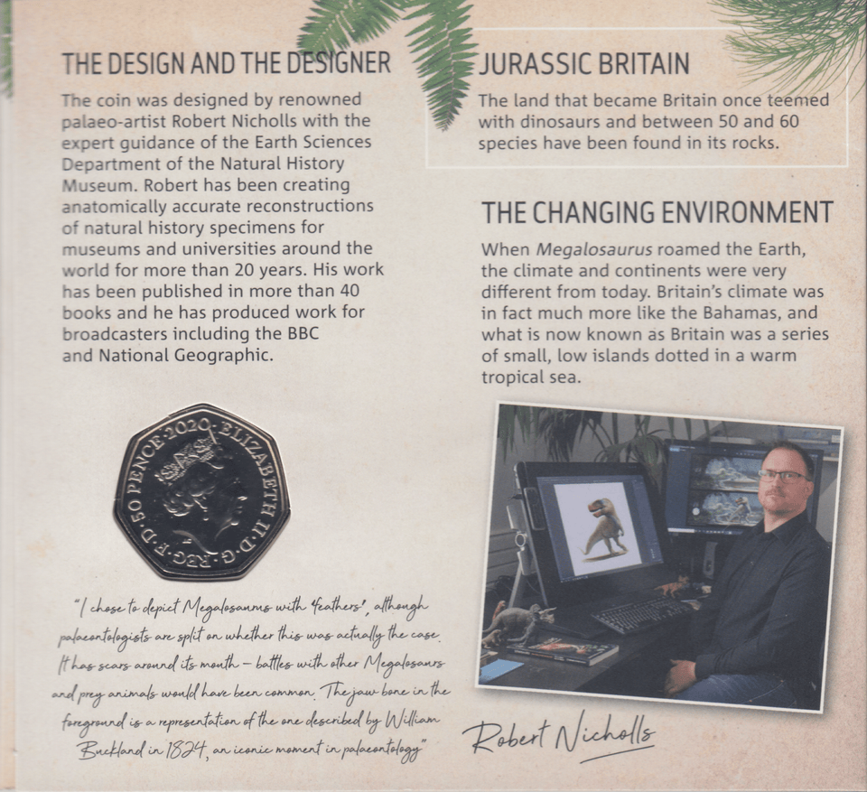 2020 NEW DINOSAUR MEGALOSAURUS DINOSOAR 50P FIFTY PENCE BRILLIANT UNCIRCULATED COIN PACK - 50p BU Pack - Cambridgeshire Coins