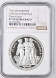 2020 SILVER PROOF 2OZ FIVE POUNDS THREE GRACES PF70 ULTRA CAMEO TOP POP - NGC SILVER COINS - Cambridgeshire Coins