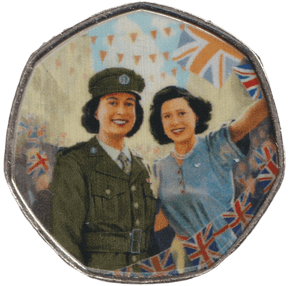 2020 VE DAY PRINCESS ELIZABETH AND PRINCESS MARGARET 50P SHAPED COIN - 50P SHAPED COIN - Cambridgeshire Coins