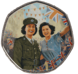 2020 VE DAY PRINCESS ELIZABETH AND PRINCESS MARGARET 50P SHAPED COIN - 50P SHAPED COIN - Cambridgeshire Coins