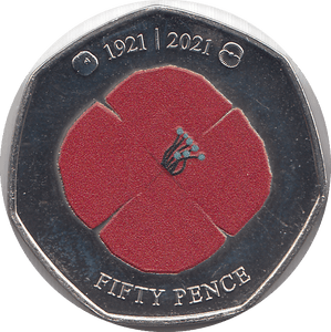 2021 50P POPPY BAILIWICK OF JERSEY COLOURED ( BU ) - 50P REGIONAL ISSUES - Cambridgeshire Coins