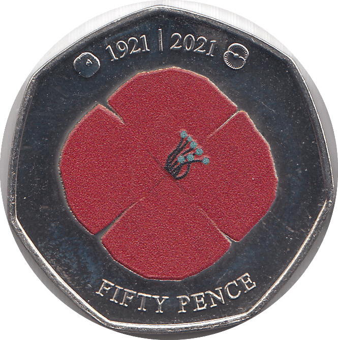 2021 50P POPPY BAILIWICK OF JERSEY COLOURED ( BU ) - 50P REGIONAL ISSUES - Cambridgeshire Coins