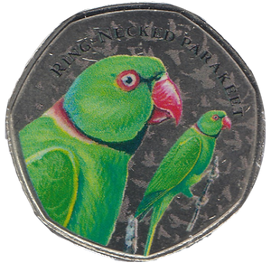 2021 50P SHAPED MEDALLION RING-NECKED PARAKEET - 50P SHAPED COIN - Cambridgeshire Coins