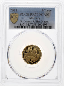 2021 ALDERNEY GOLD PROOF 1/2 SOVEREIGN GEORGE AND THE DRAGON ( PCGS ) PR70DCAM - NGC GOLD COINS - Cambridgeshire Coins