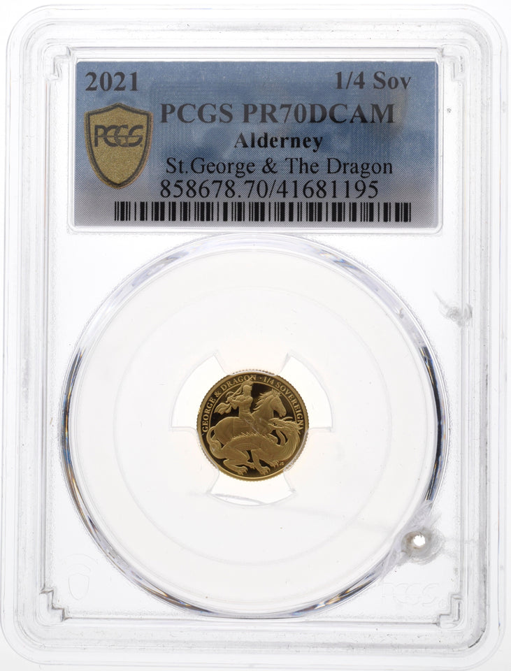 2021 ALDERNEY GOLD PROOF 1/4 SOVEREIGN GEORGE AND THE DRAGON ( PCGS ) PR70DCAM - NGC GOLD COINS - Cambridgeshire Coins