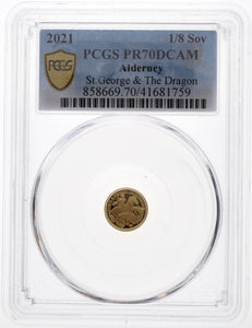 2021 ALDERNEY GOLD PROOF 1/8 SOVEREIGN GEORGE AND THE DRAGON ( PCGS ) PR70DCAM - NGC GOLD COINS - Cambridgeshire Coins
