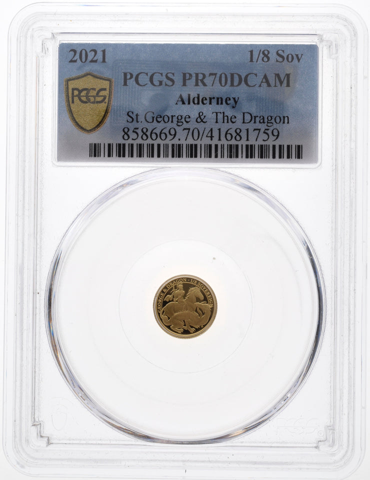 2021 ALDERNEY GOLD PROOF 1/8 SOVEREIGN GEORGE AND THE DRAGON ( PCGS ) PR70DCAM - NGC GOLD COINS - Cambridgeshire Coins