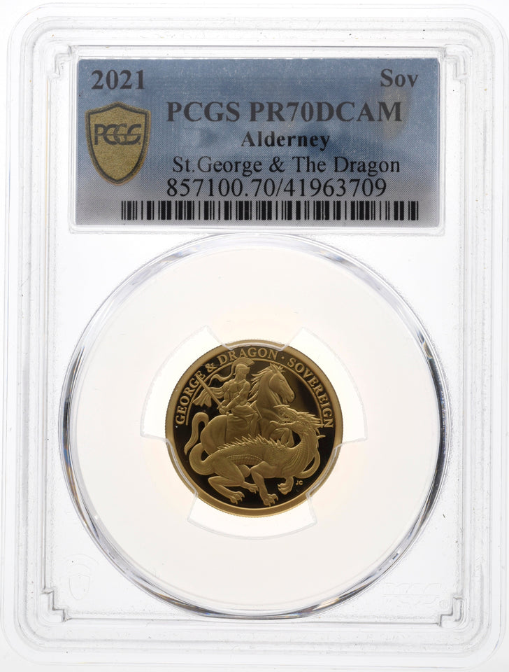 2021 ALDERNEY GOLD PROOF SOVEREIGN GEORGE AND THE DRAGON ( PCGS ) PR70DCAM - NGC GOLD COINS - Cambridgeshire Coins