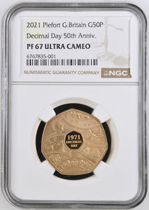 2021 GOLD PIEDFORT PROOF 50P DECIMAL DAY 50TH ANNIVERSARY ULTRA CAMEO PF 67 - NGC GOLD 50P - Cambridgeshire Coins