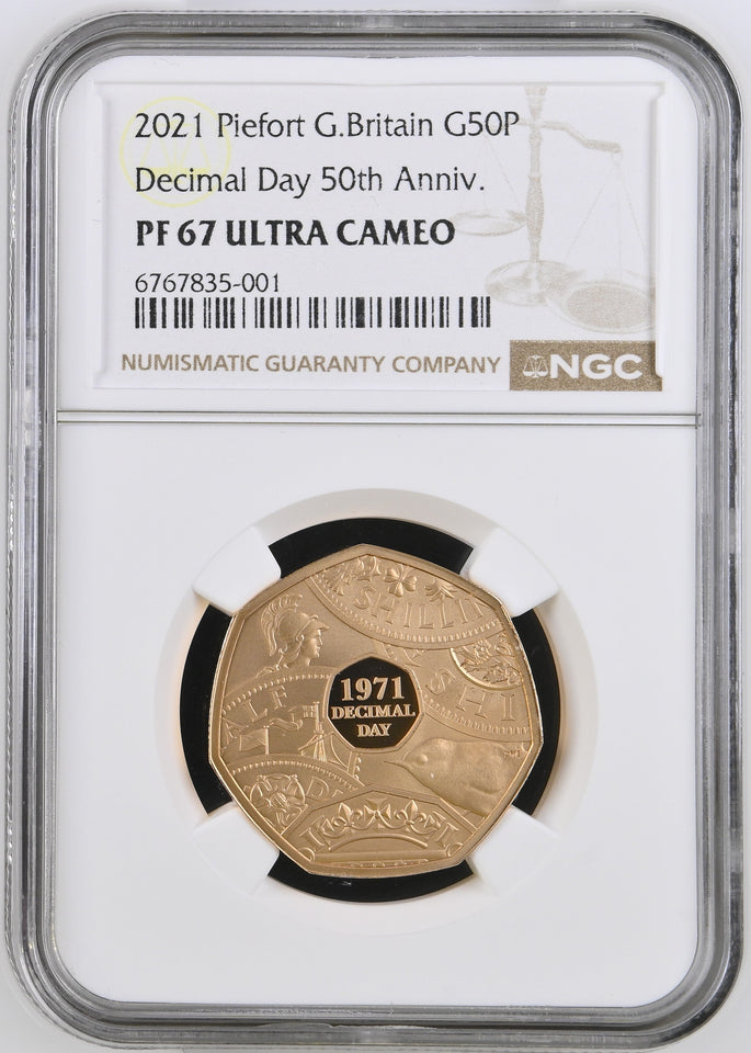 2021 GOLD PIEDFORT PROOF 50P DECIMAL DAY 50TH ANNIVERSARY ULTRA CAMEO PF 67 - NGC GOLD 50P - Cambridgeshire Coins